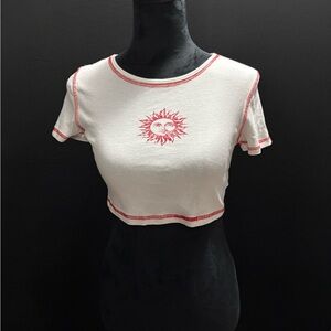 Divided White Crop Top with Red Sun Design